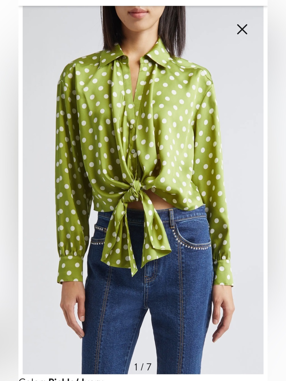 NWT Cinq a Sept PICKLE/IVORY CAMILLE POLKA DOT MARIANNA TIE FRONT BLOUSE Size S
